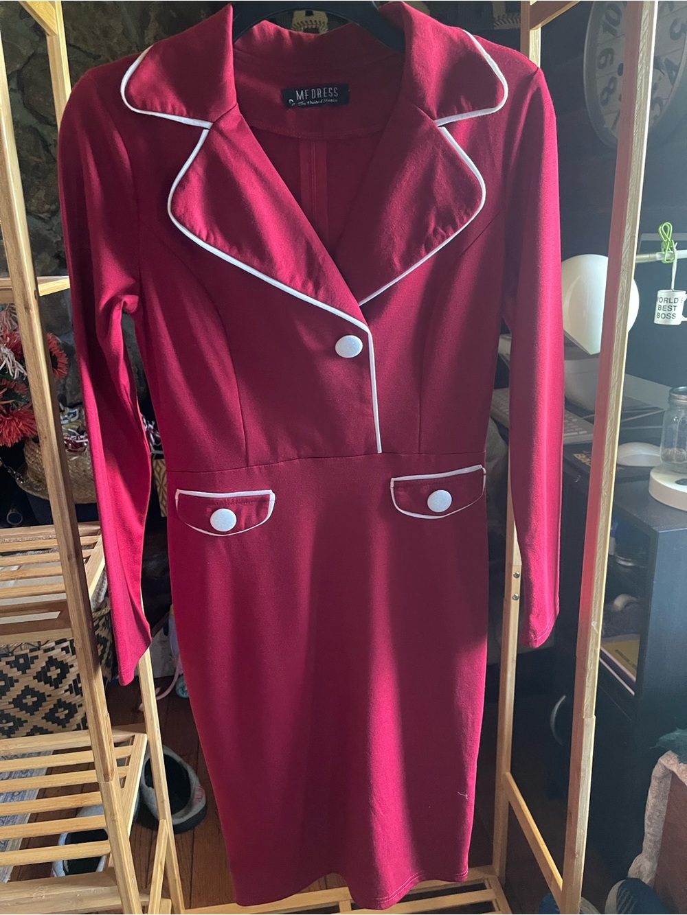 Red Long Sleeve Piped Sheath Dress